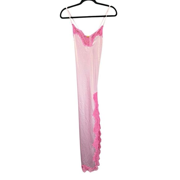 SKIMS Woven Shine Lace Long Dress Cherry Blossom Pink XS Satin Slip - Picture 5 of 16